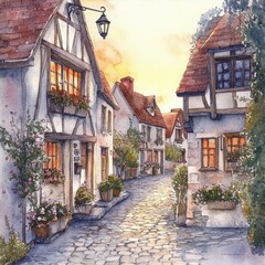 Charming Cobblestone Street at Sunset: Watercolor painting depicting a quaint, narrow street lined with charming half-timbered houses, bathed in the warm glow of a setting sun.