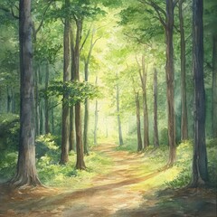 Sunlit Forest Path: A picturesque watercolor painting of a sun-dappled path winding through a lush green forest, inviting tranquility and exploration.