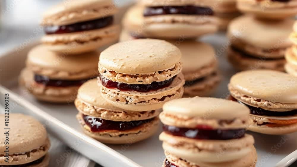 Poster coffee macarons filled with berry jam are stacked on a white rectangular plate, creating a tempting 
