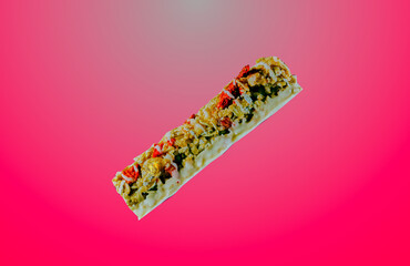Healthy granalo and fruit bar on a vibrant background.