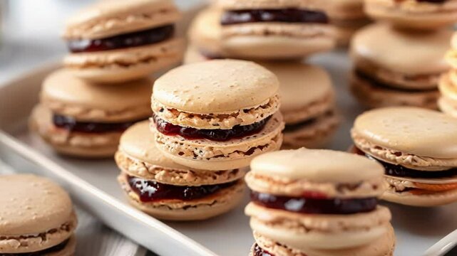 Coffee macarons filled with berry jam are stacked on a white rectangular plate, creating a tempting display of flavors and textures