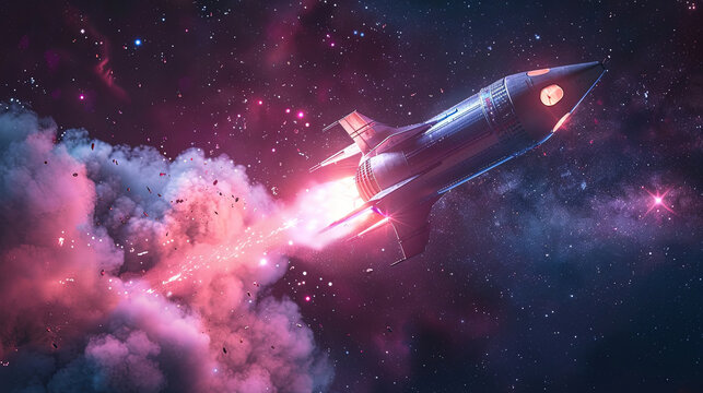 A rocket flying in space with stars in the background 