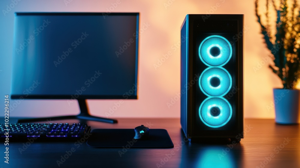 Poster a modern computer setup featuring a sleek cpu tower with vibrant blue led lights and a minimalist mo