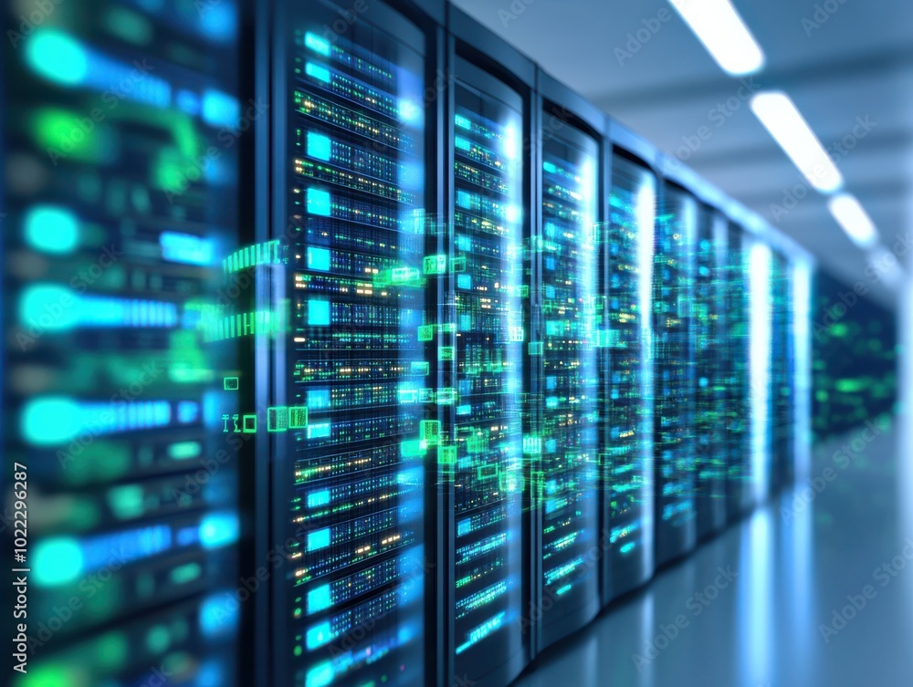 Poster a modern data center with illuminated server racks showcasing advanced technology and data processin
