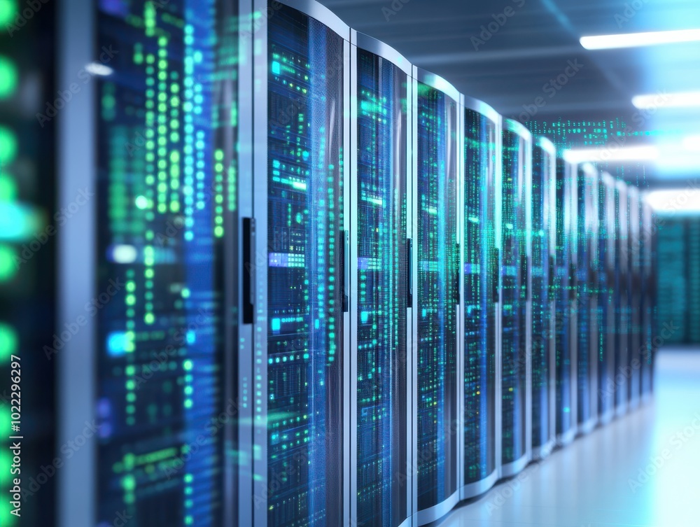 Poster a modern data center showcasing rows of servers with illuminated network cables and screens, symboli