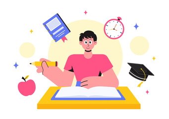 Education and Knowledge Books Vector Illustration featuring People Studying and School Items for Learning in a Flat Style Cartoon Background