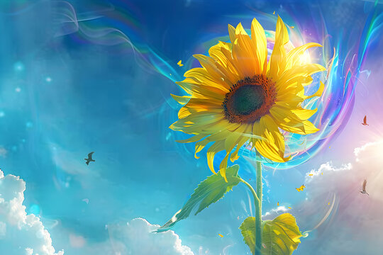 Vibrant Sunflower Blooming on a Color-Spectrum Sky, A Whimsical Illustrative Design