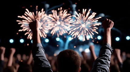 Fireworks Celebration with Raised Hands and Crowd