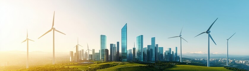 Fototapeta premium A panorama showcasing a modern city skyline with wind turbines, symbolizing sustainable energy and eco-friendly development.