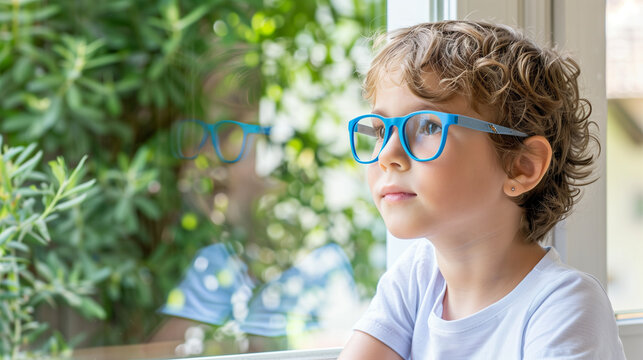 Young child wearing blue glasses focusing on distant tree outside window, symbolizing myopia prevention and importance of outdoor activities