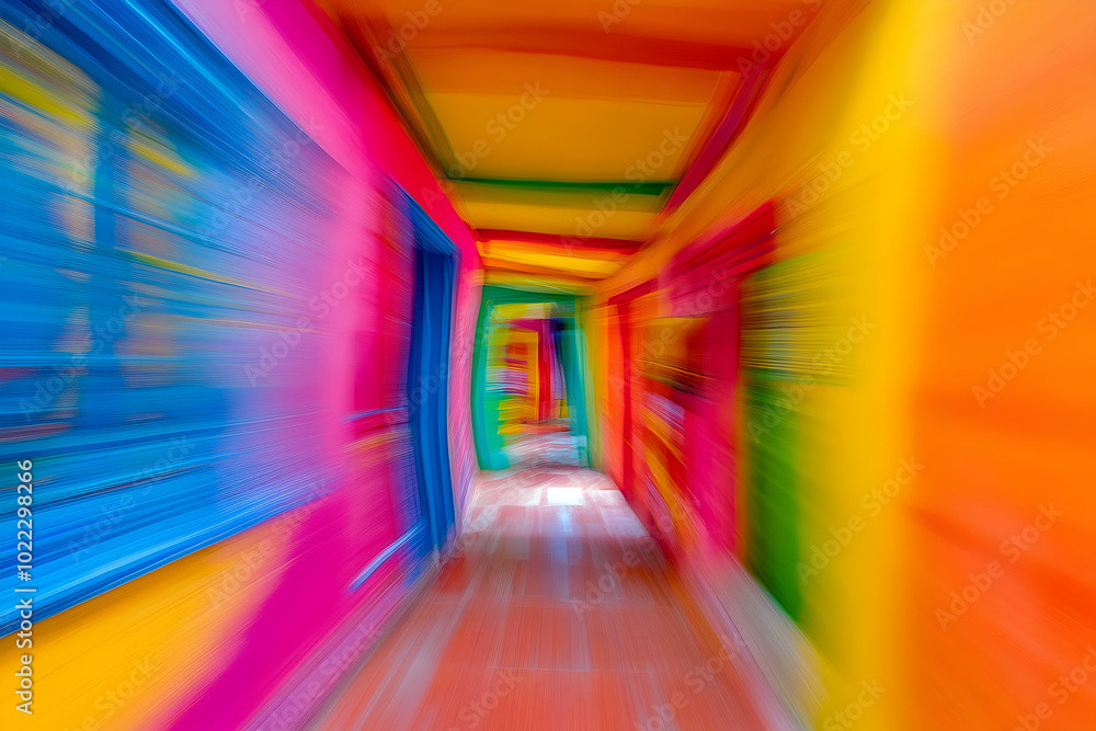 Canvas Prints Abstract blur of a vibrant, colorful alleyway with bright pink, yellow, and blue walls.