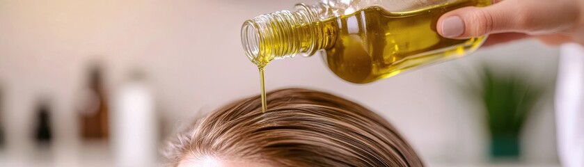 A person pours nourishing oil onto hair, showcasing a hair care routine for healthy, shiny locks in a serene setting.