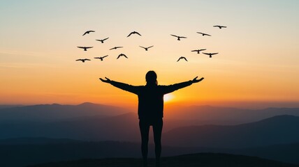 Fototapeta premium A person stands with outstretched arms against a sunset, surrounded by soaring birds, symbolizing freedom and connection to nature.