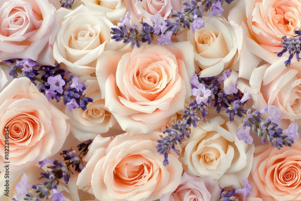 Poster A delicate arrangement features soft-colored roses intertwined with fragrant lavender, creating a tranquil and elegant display. Generative AI