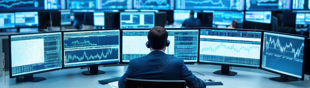Poster a professional analyst reviews data on multiple monitors, showcasing advanced technology in a modern