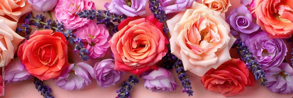 Poster A vibrant collection of roses and lavender forms a harmonious pattern, showcasing their stunning colors and delicate details together. Generative AI