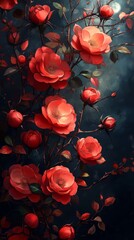 A garden filled with crimson roses 