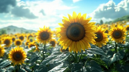 Obraz premium A vibrant field of sunflowers under a bright blue sky.