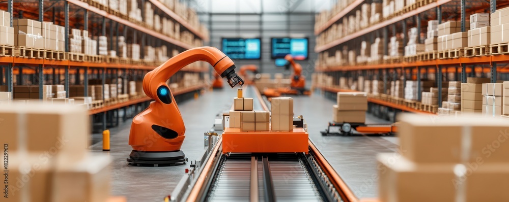 Poster a robotic arm efficiently handles packages in a modern warehouse setting, showcasing automation in l