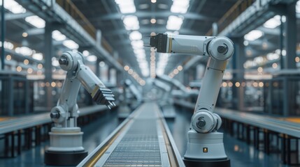 Advanced production facility with smart robots and green energy solutions like solar and wind power, reflecting modern industrial innovation