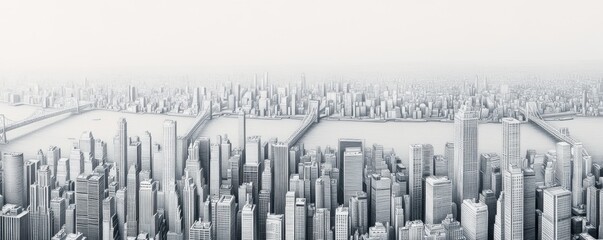 Naklejka premium A serene aerial view of a modern city skyline with towering buildings and a tranquil atmosphere.