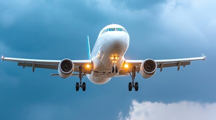 Fototapeta premium Airplane approaching landing against a dramatic cloudy sky.