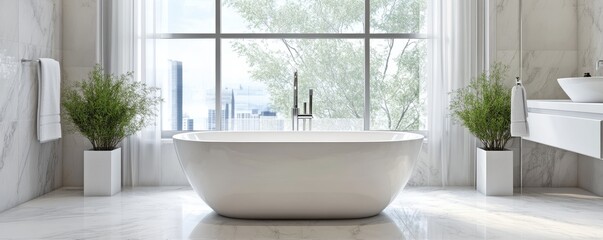 Fototapeta premium A serene bathroom featuring a modern freestanding tub, stylish decor, and natural light streaming through large windows.