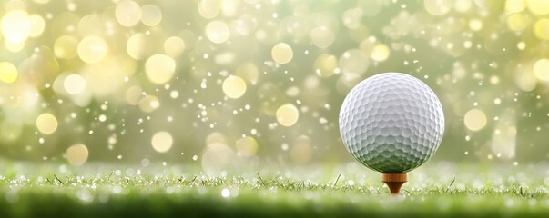 A serene close-up of a golf ball on a tee, surrounded by lush grass and a dreamy bokeh background, perfect for golf enthusiasts.