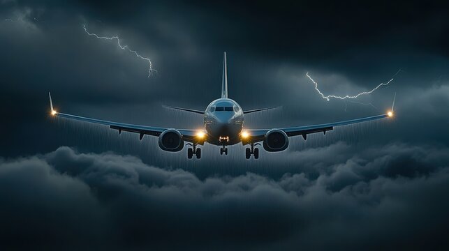 Airplane flying through stormy skies with dramatic lightning and dark clouds.