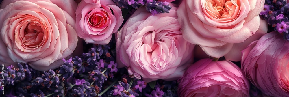 Poster Delicate pink roses intertwine with fragrant lavender, creating a beautiful and serene floral display suitable for any setting. Generative AI