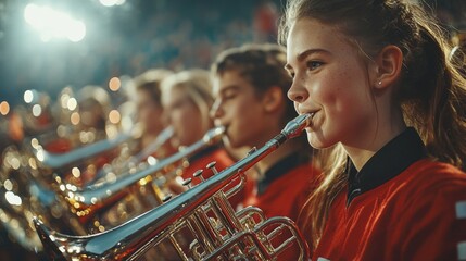 High school band performing during a halftime show at a football game
