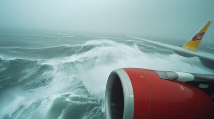 Airplane wing over turbulent ocean waves, dramatic weather conditions