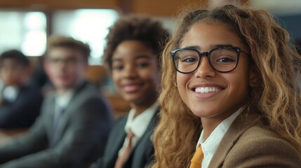 Fototapeta premium High school debate team members preparing for a competition in a classroom