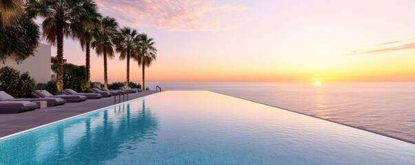 Fototapeta premium A serene infinity pool overlooking the ocean at sunset, surrounded by palm trees and luxurious loungers, perfect for relaxation.