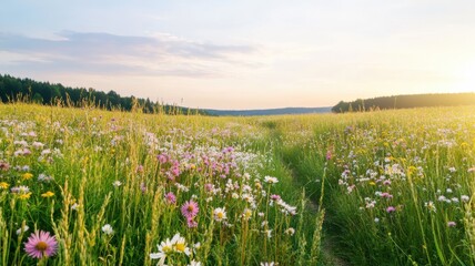 Fototapeta premium A serene meadow filled with vibrant flowers, bathed in the warm glow of sunset, perfect for nature enthusiasts and tranquility seekers.