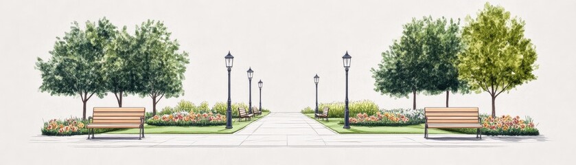 Obraz premium A serene park scene featuring benches, trees, and lamp posts, creating a peaceful atmosphere for relaxation.