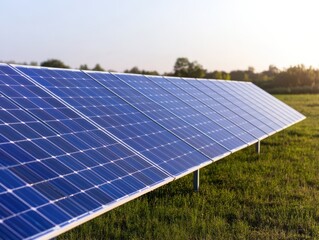 A serene solar panel field harnessing renewable energy under a clear sky, symbolizing sustainable innovation and technology.