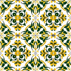 Ethnic folk ceramic tile in talavera style with yellow and green floral ornament. Italian pattern, traditional Portuguese and Spain decor. Mediterranean porcelain pottery isolated on white background