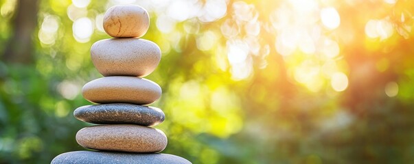 Obraz premium A serene stack of smooth stones symbolizing balance and tranquility, set against a blurred natural background of sunlight.