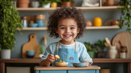 A young girl in a blue apron smiles while playing with toy food in a kitchen setting.