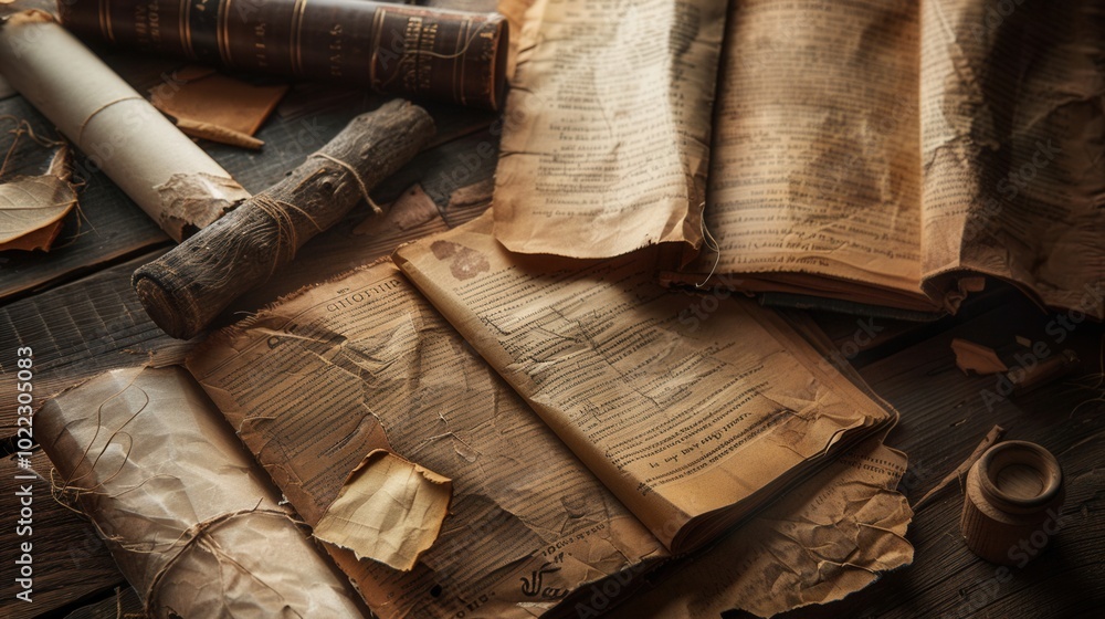 Poster A collection of ancient books and scrolls, showcasing historical artifacts with worn pages and intricate details on aged surfaces. Generative AI