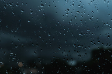 Raindrops on window glass background. The overcast sky is full of dark clouds and a storm is coming. Rainy season. Meteorology and weather forecast.