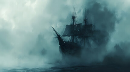 Fototapeta premium Halloween Pirate Ship, Spectral pirate ship emerging from fog cursed sea eerie, Watercolor