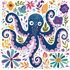 Colorful octopus illustration surrounded by vibrant flowers and leaves, perfect for playful and artistic designs.