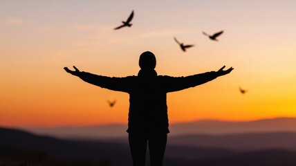 Fototapeta premium A silhouette of a person with outstretched arms against a vibrant sunset, surrounded by flying birds, symbolizing freedom and peace.