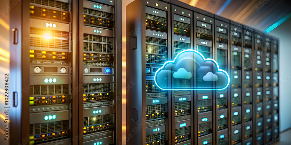 Poster glossy server racks with cloud icons: professional photo of modern cloud infrastructure development 
