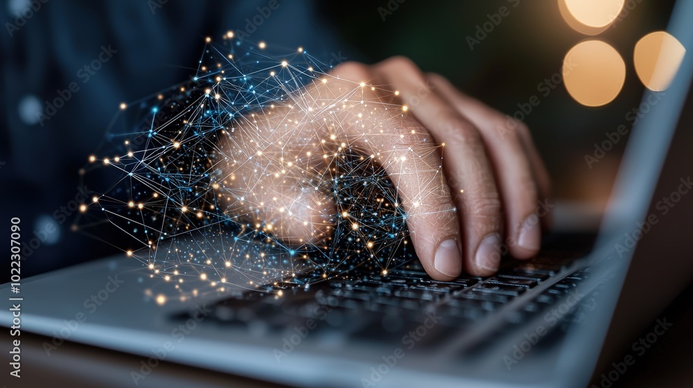 Aufkleber hand typing on laptop with digital network connection abstract technology background