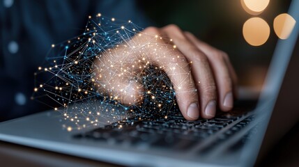 Hand Typing on Laptop with Digital Network Connection   Abstract Technology Background