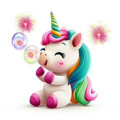 Fototapeta premium A colorful, cartoon unicorn joyfully blowing bubbles with a cheerful expression, surrounded by festive sparkles.