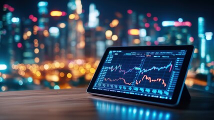 A tablet displaying a stock market chart against a vibrant city skyline at night, showcasing technology and finance.
